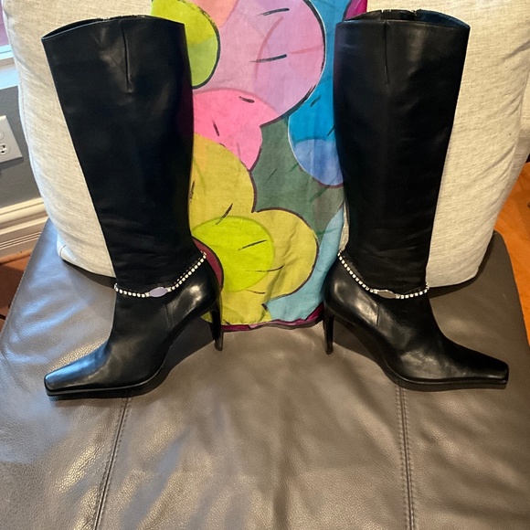Indie Grunge Stiletto Heeled Boots Whimsigoth Edgy Italy Rhinestone Glam Black 9 - Picture 1 of 8